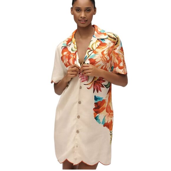 Farm Rio x Anthropologie Scalloped Shirt Dress, Linen Blend, Floral, Resort, M - Picture 2 of 11